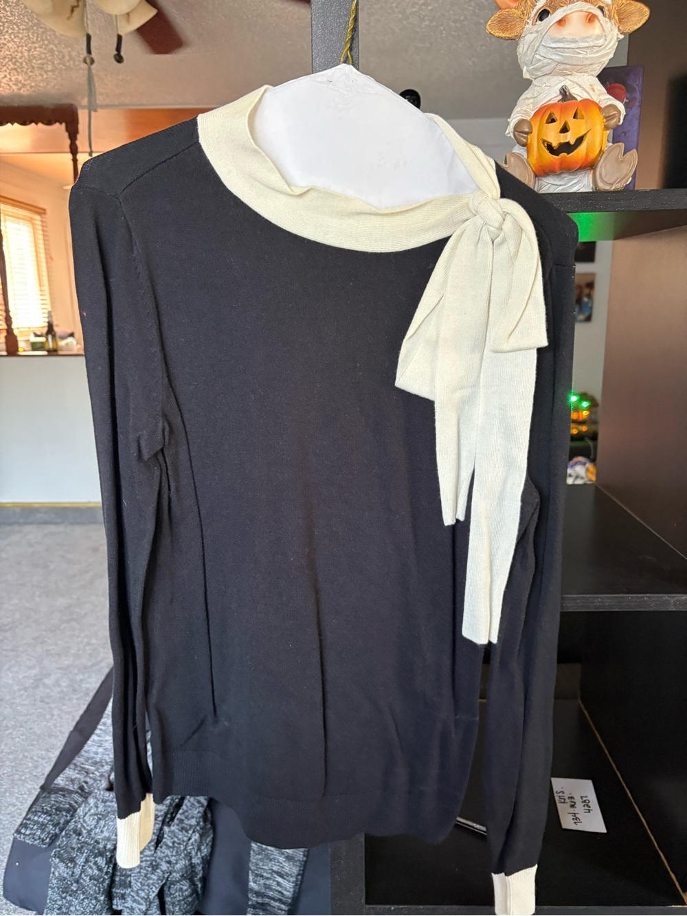 Ann Taylor Black Knit Sweater with Cream Tie-Neck